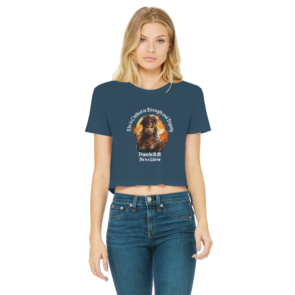 She is a Warrior - AOP Classic Women's Cropped Raw Edge T-Shirt