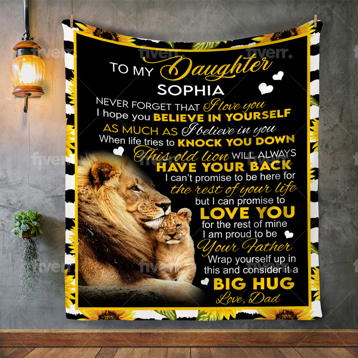 To My Daughter Lion & Sunflower Personalized Blanket From Dad