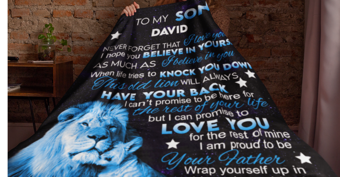 To My Son | Personalized Blue Lion Blanket | Son Customized Gift
