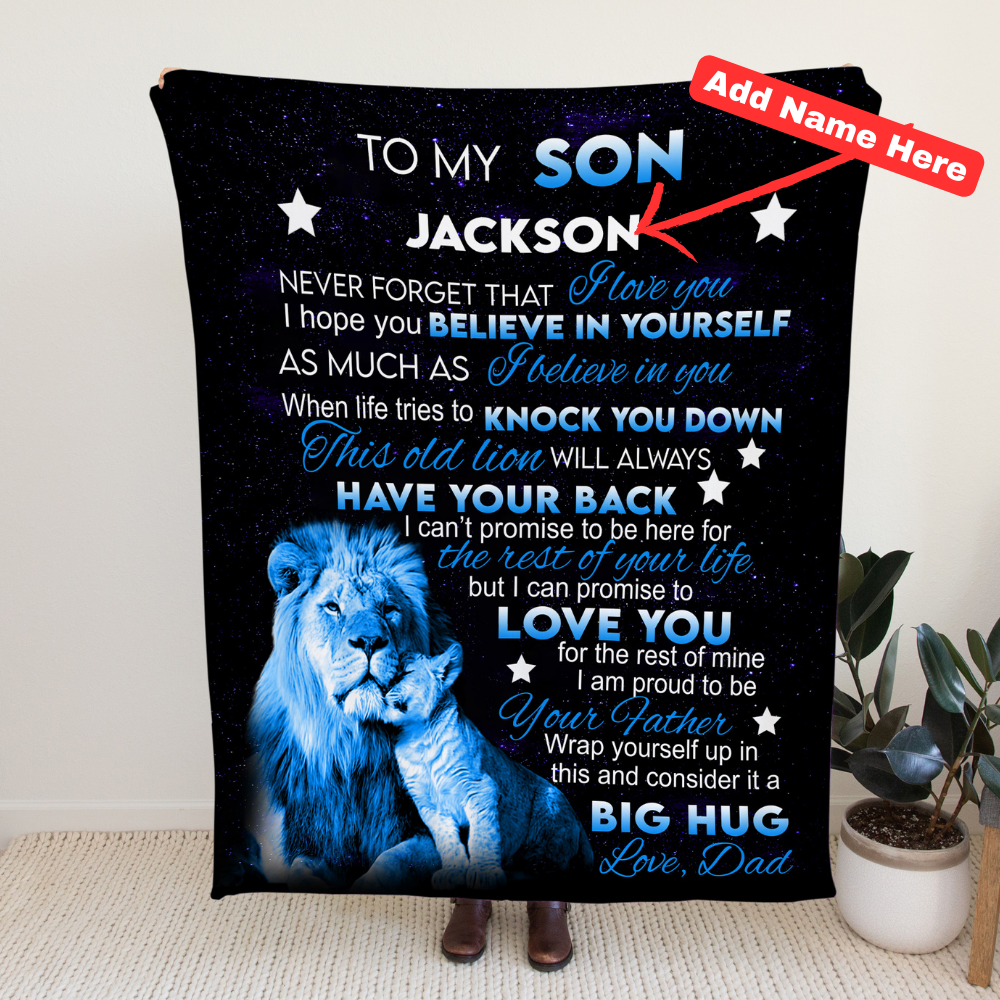 To My Son | Personalized Blue Lion Blanket | Son Customized Gift