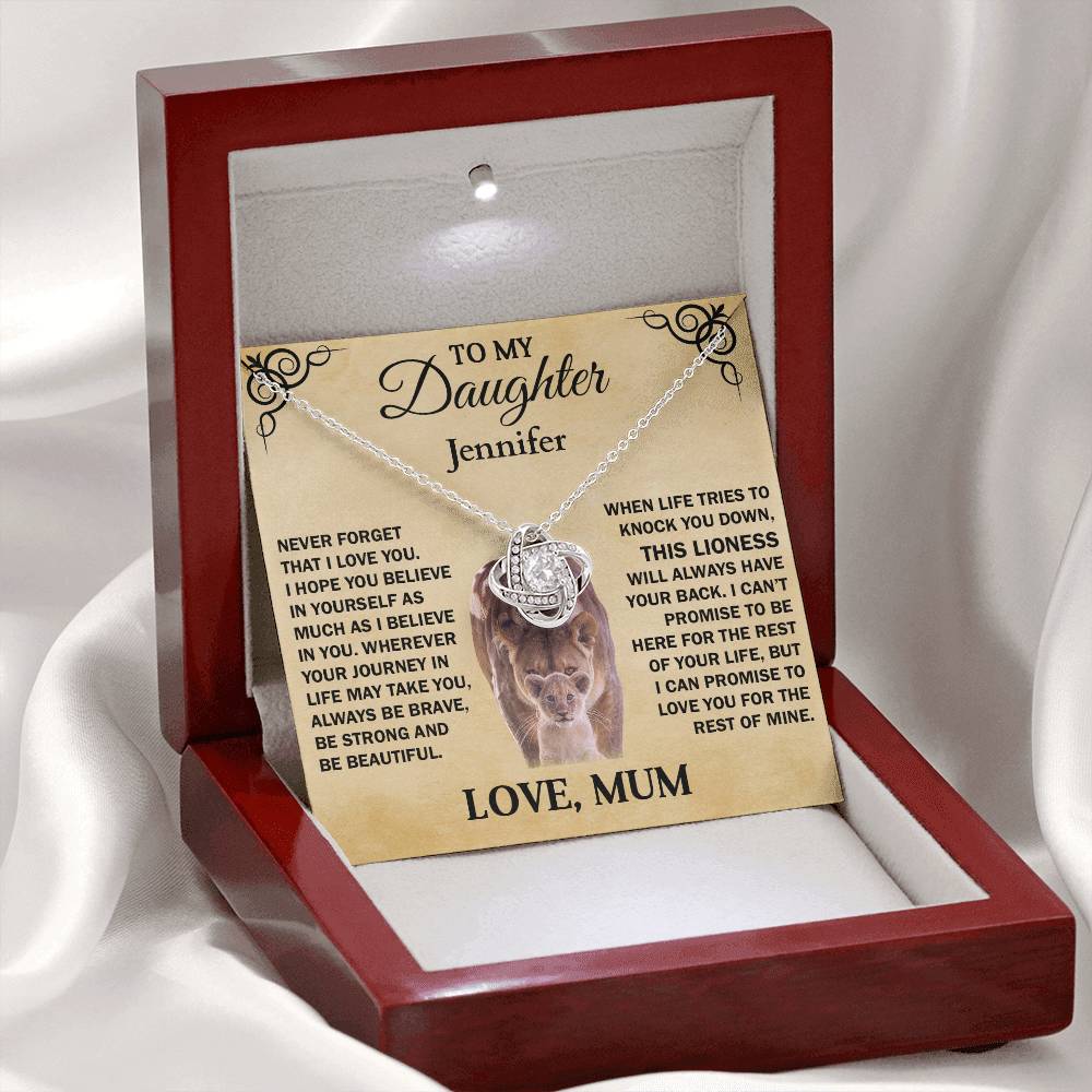 To My Daughter , Personalised Lioness , Love Knot Necklace Gift