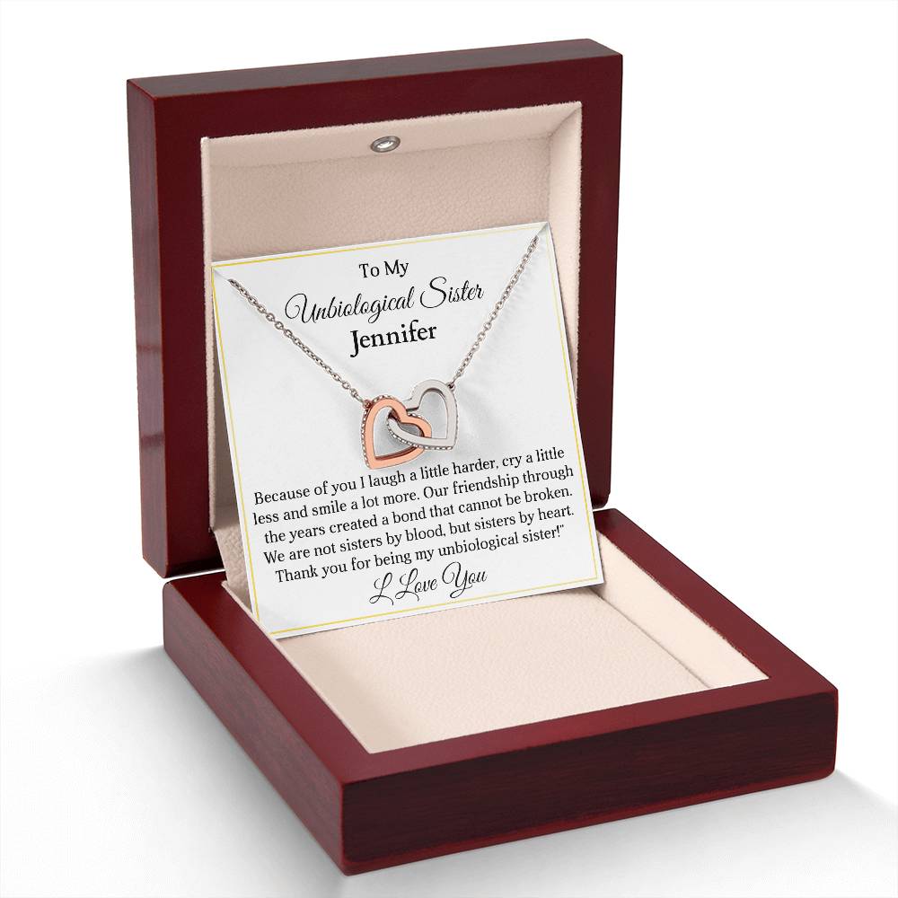 To My My Unbiological Sister | Because of You | Personalized Interlocking Hearts Necklace Gift