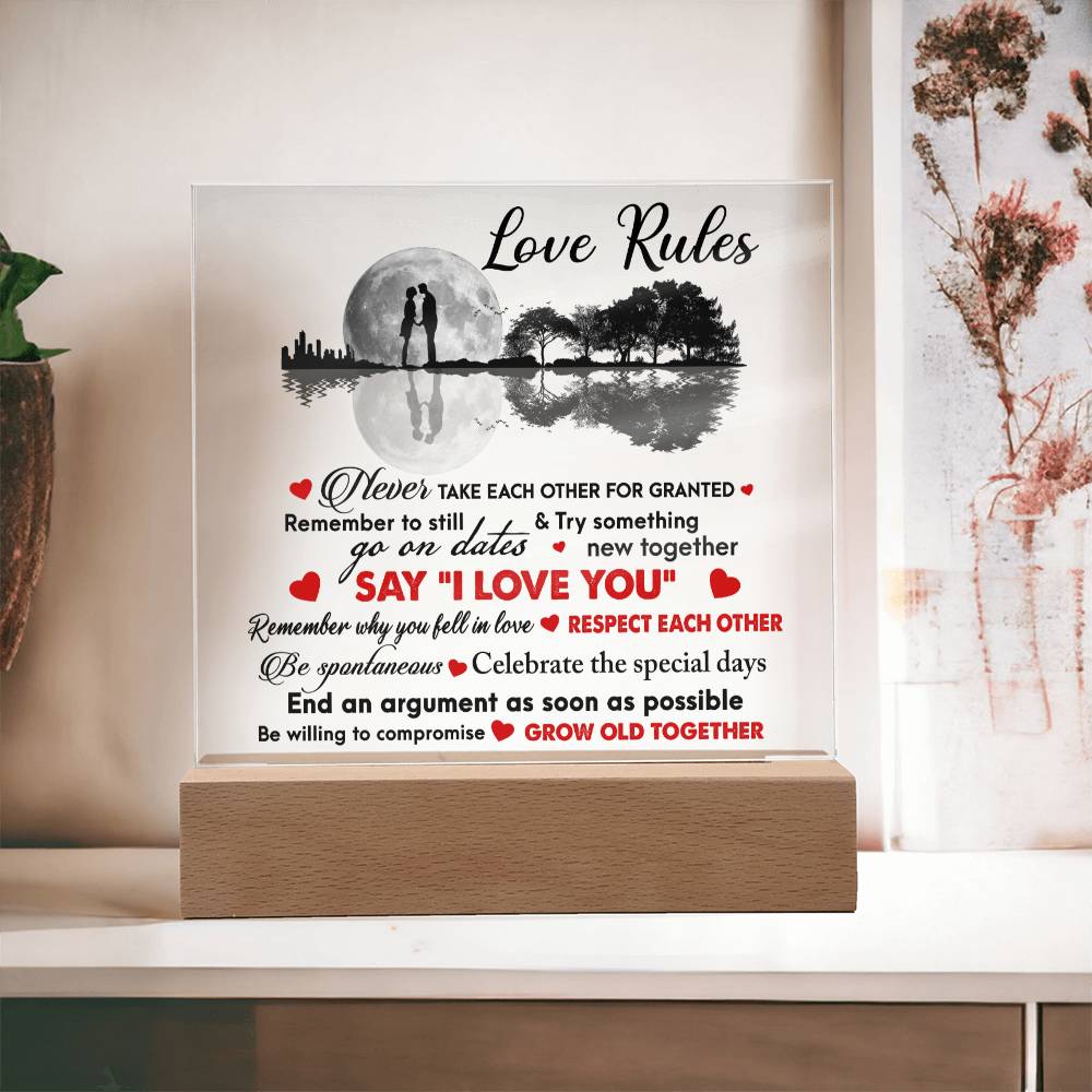 Love Rules - I Love You - Night Light Acrylic Square Plaque Gift