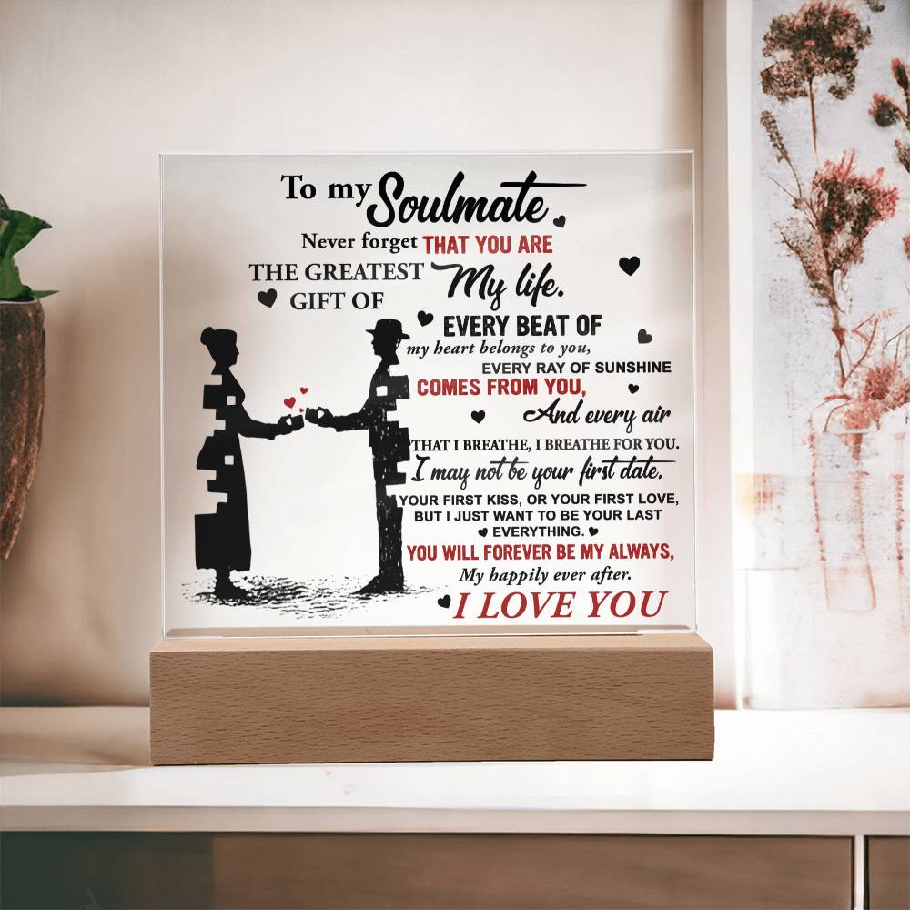 To My Soulmate - Breathe For You - Night Light Acrylic Square Plaque Gift