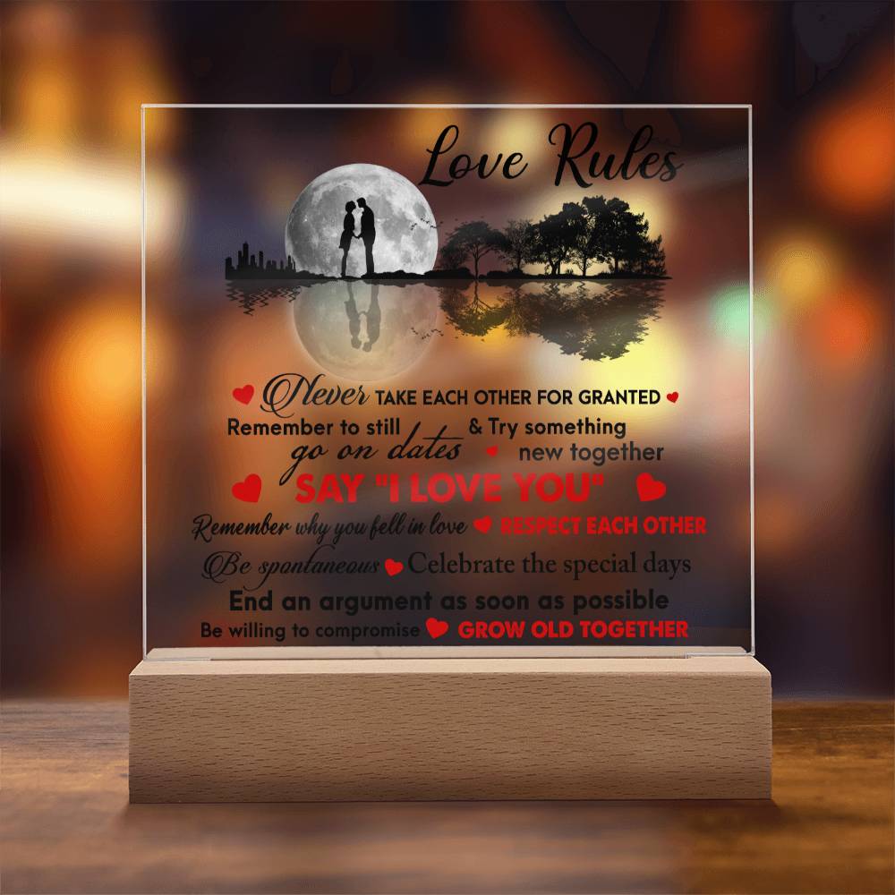 Love Rules - I Love You - Night Light Acrylic Square Plaque Gift