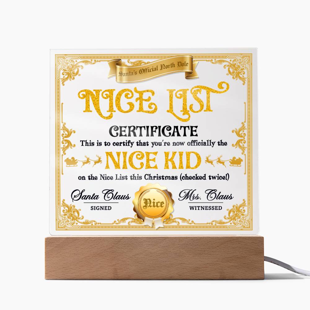 Christmas - Nice List Certificate - Night Light Square Acrylic Plaque