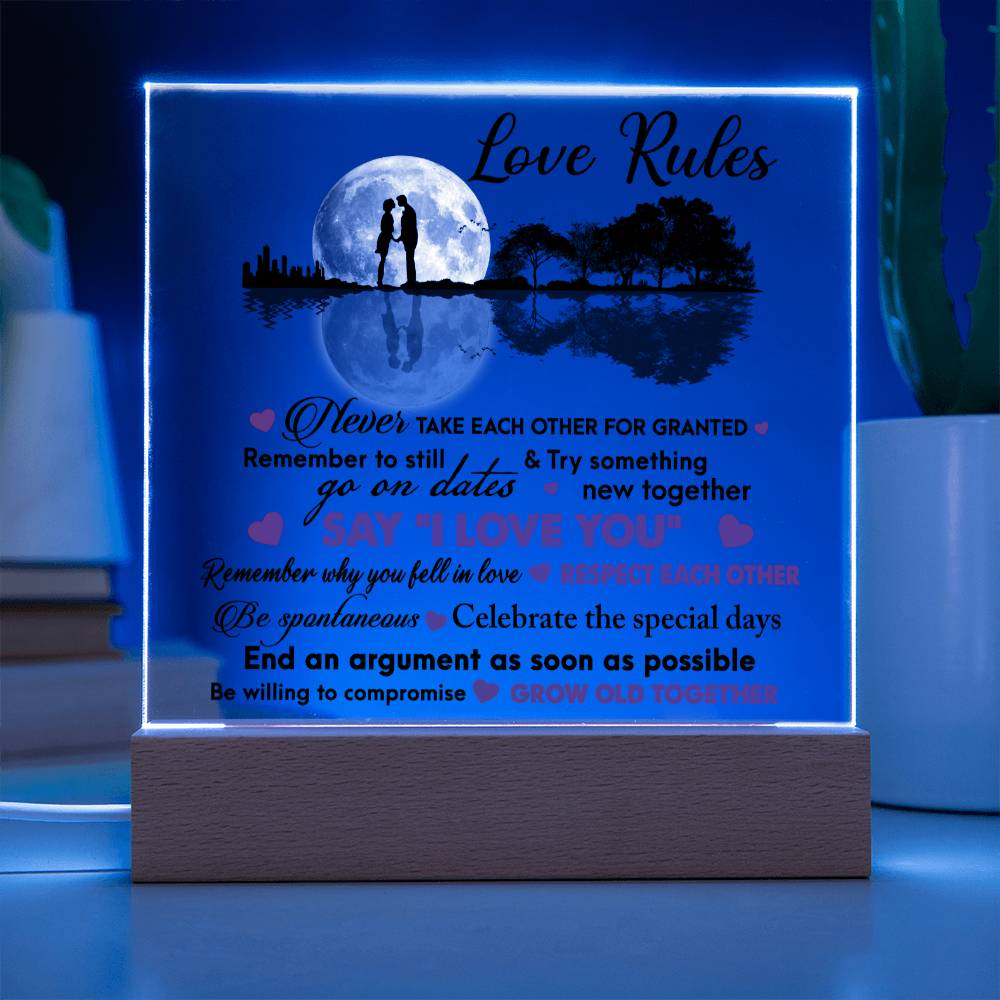 Love Rules - I Love You - Night Light Acrylic Square Plaque Gift