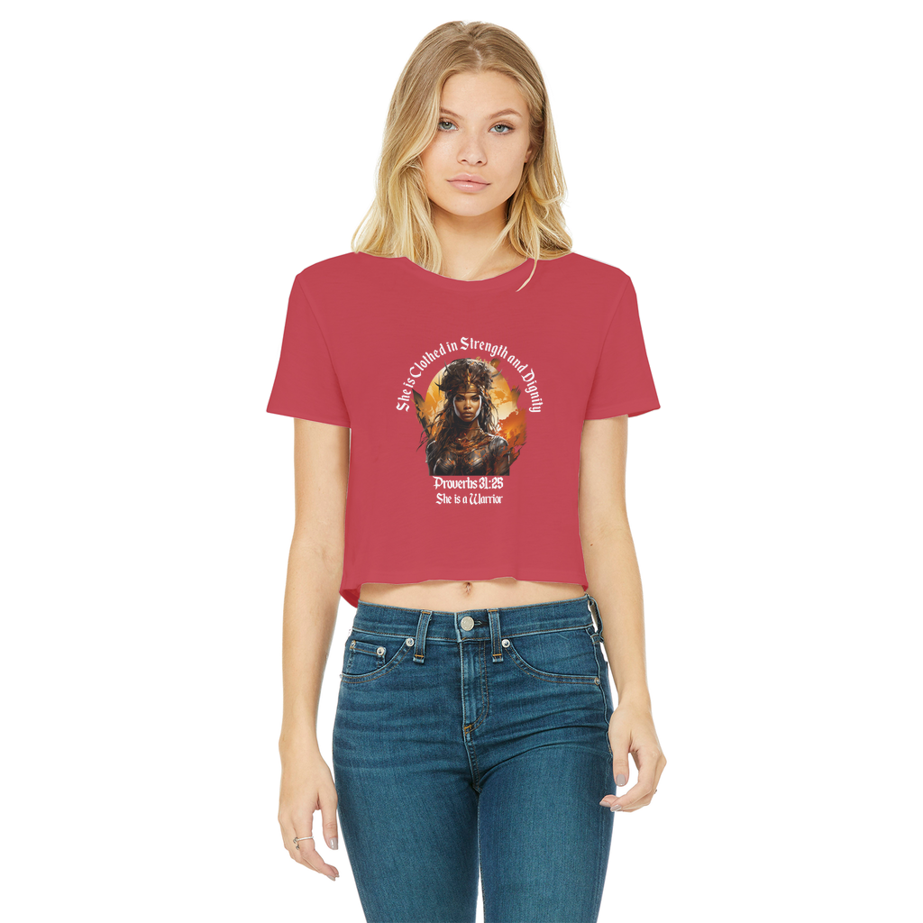 She is a Warrior - AOP Classic Women's Cropped Raw Edge T-Shirt
