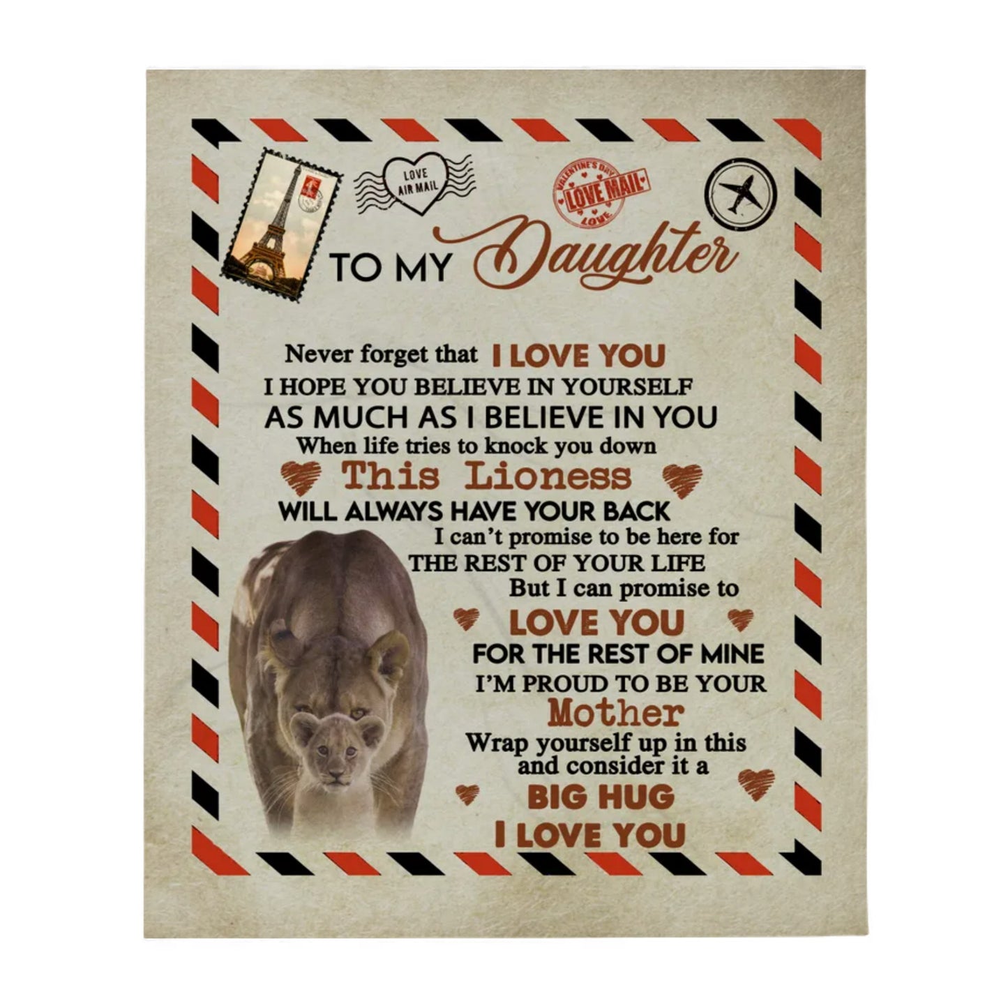 To My Daughter | Personalised Lioness Envelope Blanket | 50"x60" - V2
