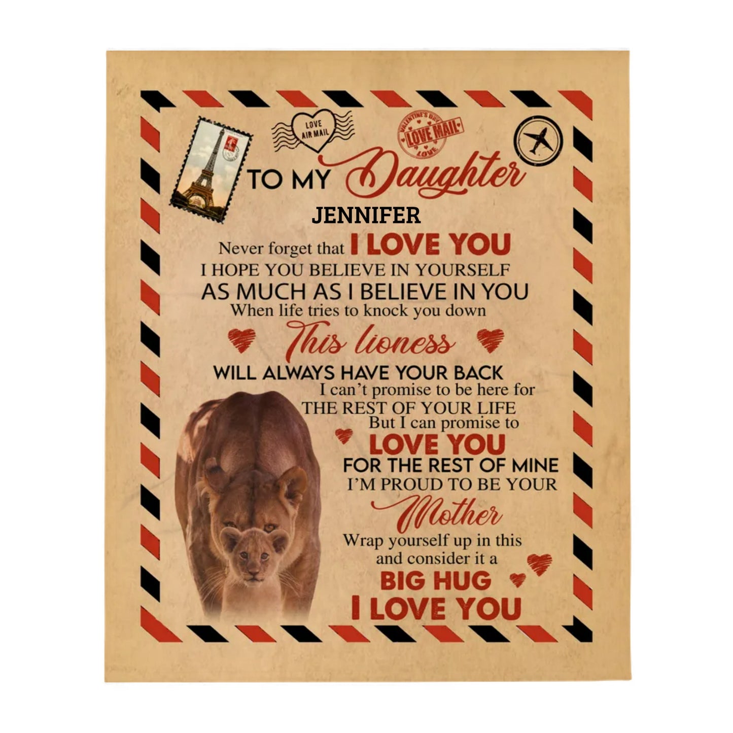 To My Daughter | Personalized Lioness Envelope Blanket Gift | Throw Blanket 50"x60"