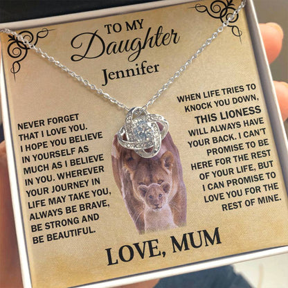 To My Daughter  , Personalised Lioness ,  Love Knot Necklace Gift