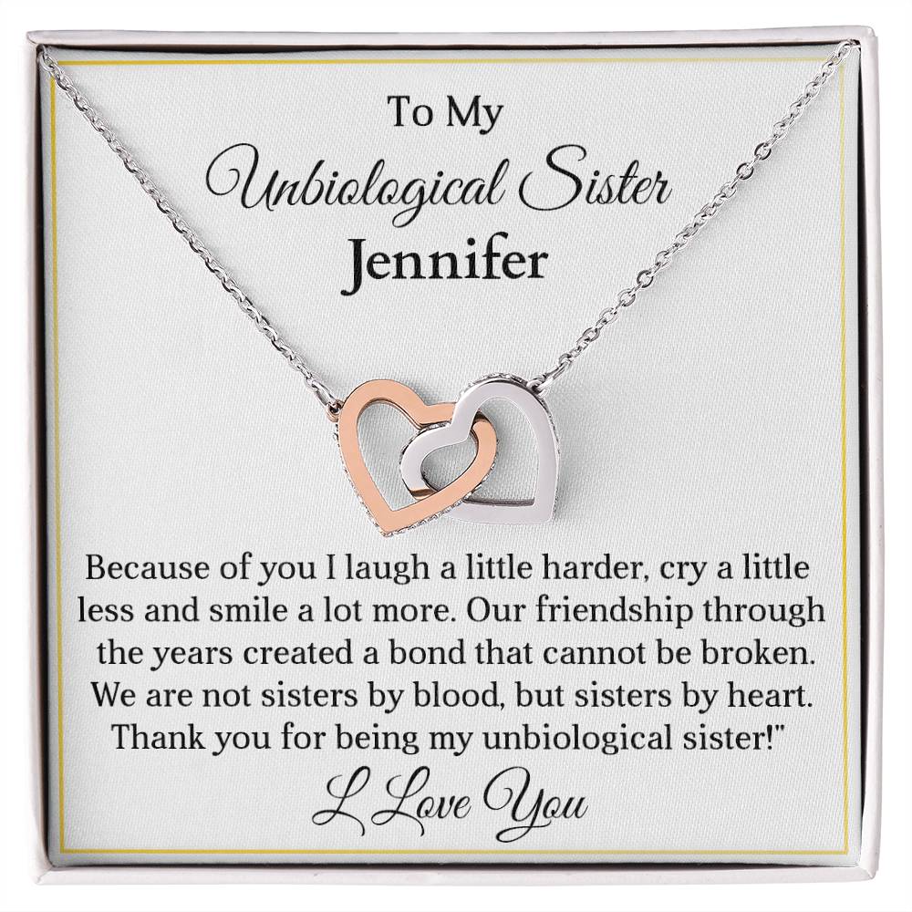 To My My Unbiological Sister | Because of You |  Personalized Interlocking Hearts Necklace Gift