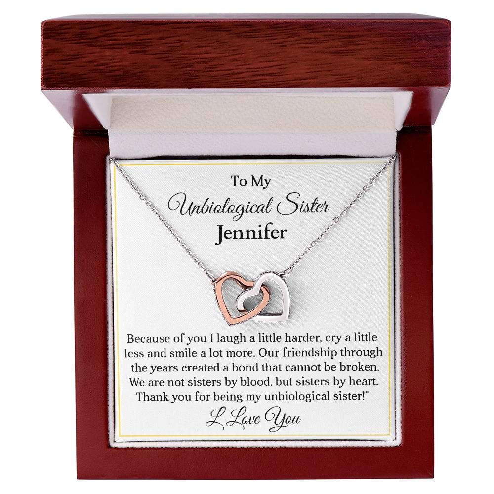 To My My Unbiological Sister | Because of You |  Personalized Interlocking Hearts Necklace Gift