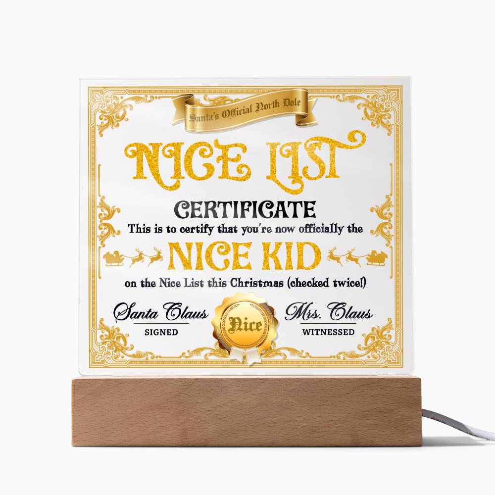 Christmas - Nice List Certificate - Night Light Square Acrylic Plaque