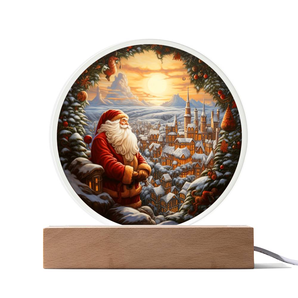 Santa And Town | Night Light Circle Acrylic Plaque