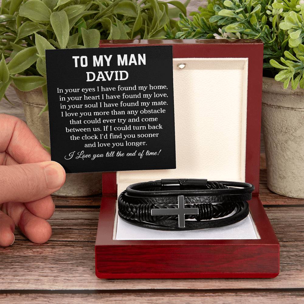 To My Man - My Mate -  Cross Leather Bracelet