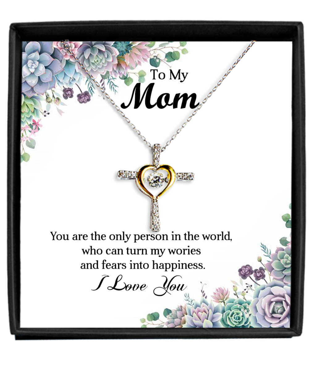 To My Mum, Dancing Heart Cross Necklace, 925 Sterling Silver, Birthday Gifts for Mum, Mothers’ Day, Christmas Jewelry Present for Mom