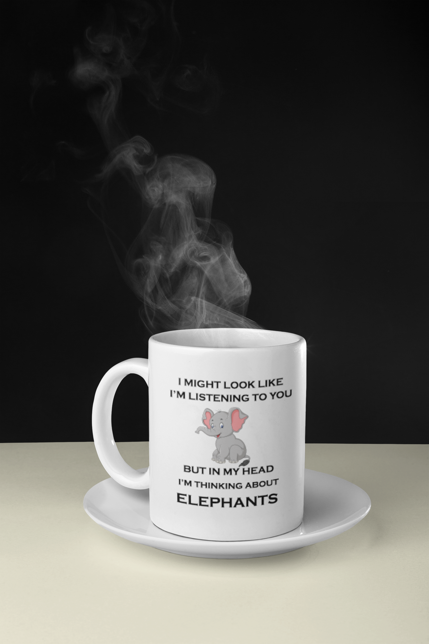 White Mug 11 oz. | Thinking About Elephants | Funny Elephant Mag | CC