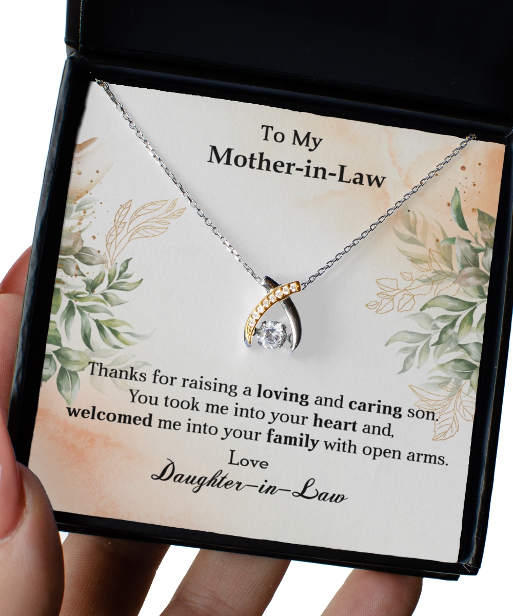 Mother in Law Birthday Gift, Mother of the Groom Wedding Necklace, Christmas and Mother's Day Present, Message Card to Mom in Law.